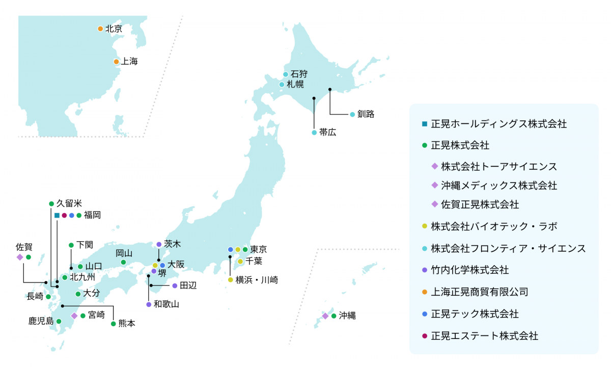 株式会社バイオテック・ラボは、東京都。千葉、神奈川県の横浜・川崎エリア、大阪府に拠点がある。正晃ホールディングス株式会社の拠点は、東京、大阪、福岡エリアにある。正晃株式会社の拠点は、東京都と、山口県山口市・下関市、福岡県福岡市・久留米市、北九州市、佐賀県、大分県、熊本県、長崎県、宮崎県、鹿児島県にある。竹内化学株式会社は、和歌山県の和歌山市と田辺市、大阪府の堺市と茨木市に拠点がある。また、正晃株式会社のグループである株式会社トーア・サイエンスは宮崎に、沖縄メディックス株式会社は沖縄に、佐賀正晃株式会社は佐賀県にある。株式会社フロンティア・サイエンスは、北海道の札幌、石狩、釧路、帯広の4エリアに拠点がある。正晃テック株式会社は、東京、大阪、福岡に拠点がある。正晃エステート株式会社は、福岡に拠点がある。また、中国の北京と上海に、上海正晃商貿有限公司が拠点を構えている。